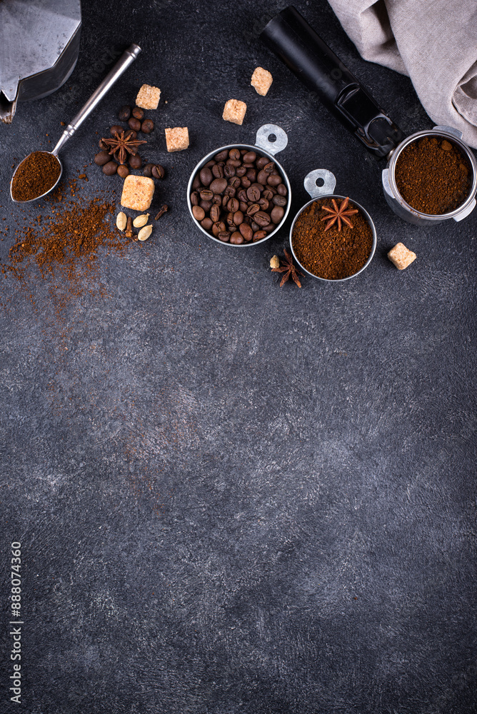Grounded coffee, beans, coffe maker and spicces Grounded coffee, beans, coffe maker and spicces