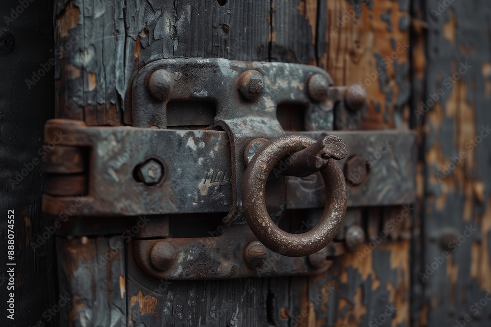 Close-up of a rusty lock on an old weathered door. Close-up of a rusty lock on an old weathered door.
