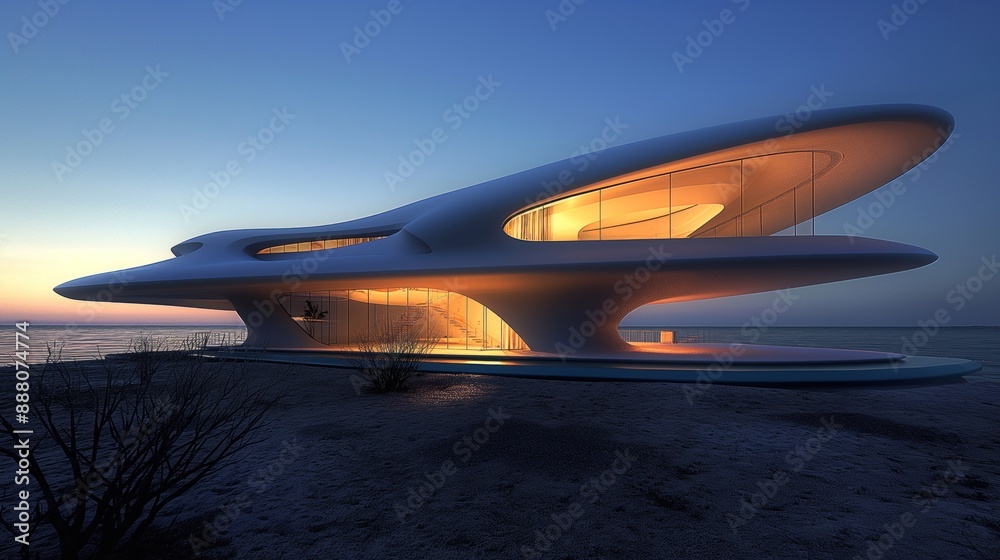 A sleek, modernistic building with a futuristic design glows warmly against the dusk sky, showcasing its unique architectural elements and seamless integration with its environment. A sleek, modernistic building with a futuristic design glows warmly against the dusk sky, showcasing its unique architectural elements and seamless integration with its environment.