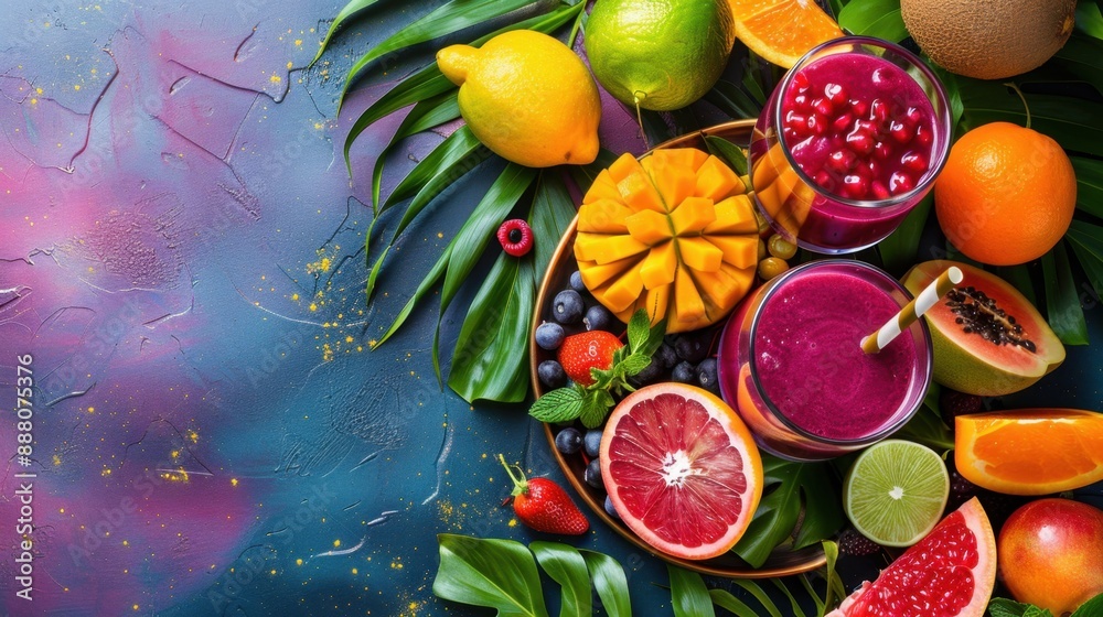 Tropical fruit juices, exotic fruits and vibrant colors. Tropical fruit juices, exotic fruits and vibrant colors.
