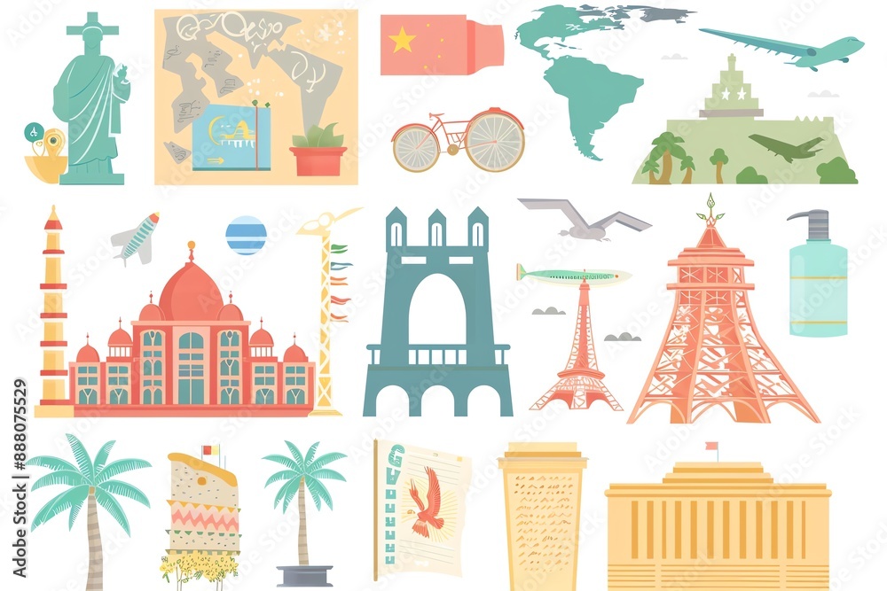 Fototapeta premium Colorful cartoon icons representing various travel destinations and landmarks.