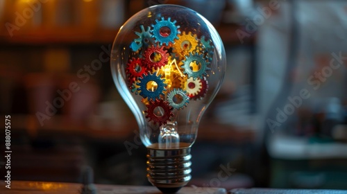 light bulb with colorful gears and cogs inside, representing the concept of creativity and thinking differently photo