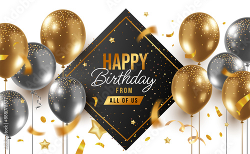 Vector holiday template design of golden and silver air helium balloon on white background. 3d realistic happy birthday illustration with flying balloon and text