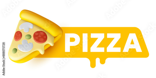 Vector illustration of cartoon piece of cheese pizza with mushroom and pepperoni on white background with word pizza. 3d style design of fast food with text