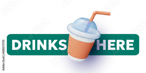 Vector illustration of realistic cardboard drink cup with tube and plastic cover on white color background. 3d style design of takeaway fastfood beverage with text and shadow