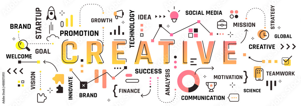 Vector illustration of creative word typography with line icon, word cloud on white color background. Line art style creative design. Business infographic concept Vector illustration of creative word typography with line icon, word cloud on white color background. Line art style creative design. Business infographic concept