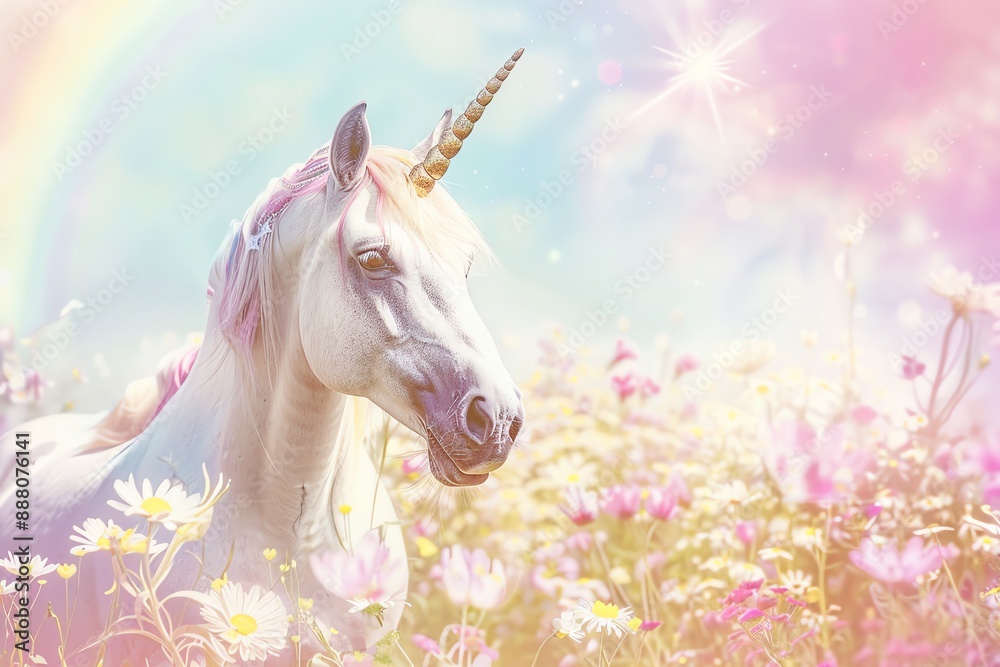 A majestic white unicorn stands in a field of flowers, bathed in a soft, dreamy light. A majestic white unicorn stands in a field of flowers, bathed in a soft, dreamy light.