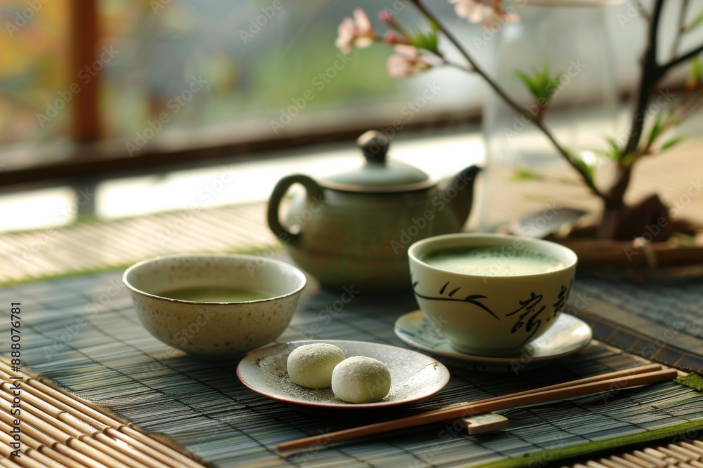 A traditional Japanese tea ceremony setting with matcha tea, mochi, and delicate tea utensils on a tatami mat A traditional Japanese tea ceremony setting with matcha tea, mochi, and delicate tea utensils on a tatami mat