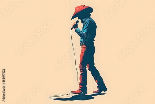 Flat Design Illustration of a Country Music Star Singing on Stage with a Microphone