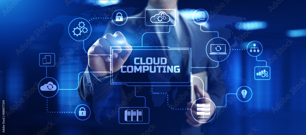 Cloud technology networking processing data storage. Businessman pressing button on screen.