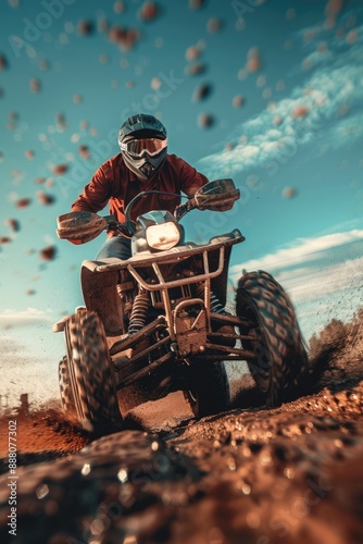 Man riding ATV on dirt road photo
