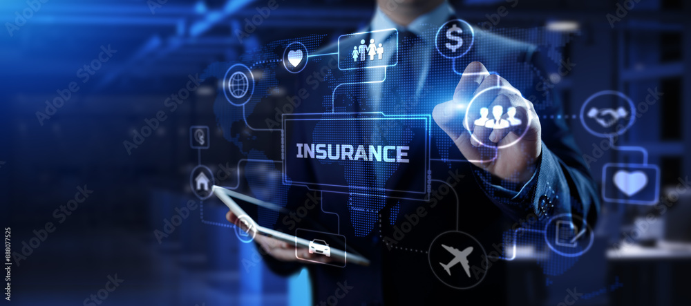 Insurance Insurtech. Businessman pressing button on screen. Insurance Insurtech. Businessman pressing button on screen.
