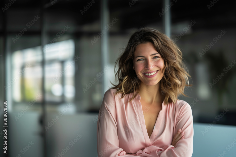 Femme Souriante en Blouse Rose dans un Bureau Moderne, Portrait Réaliste Femme Souriante en Blouse Rose dans un Bureau Moderne, Portrait Réaliste