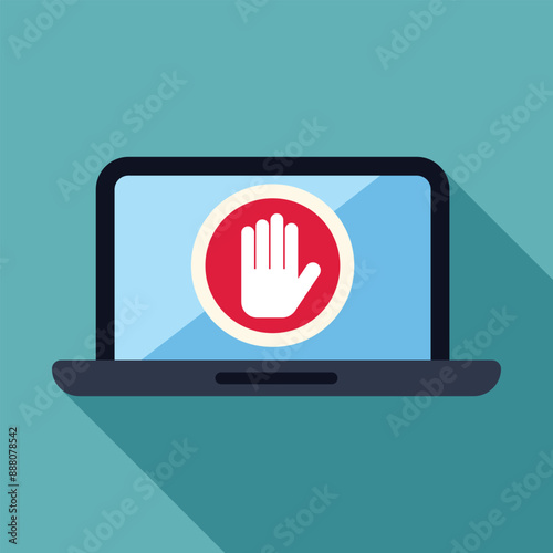 Laptop is showing a stop sign with a hand, warning about security issues
