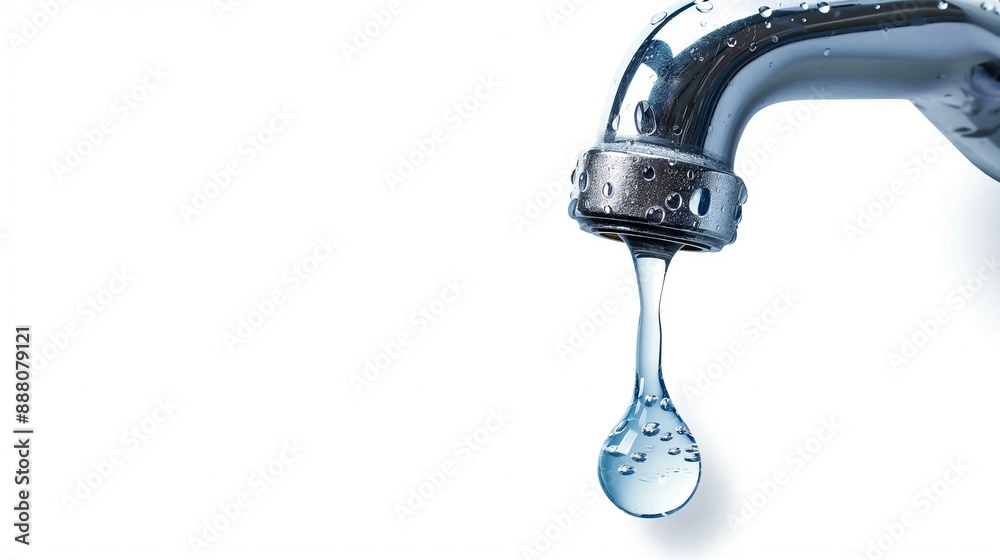 Close-up of a water faucet with a single droplet, highlighting water conservation and purity. Close-up of a water faucet with a single droplet, highlighting water conservation and purity.