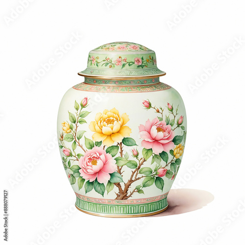 Famille Rose Porcelain Jar. Watercolor on white Background.