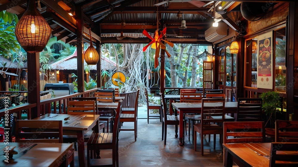Fototapeta premium Warm Outdoor Dining Experience at a Thai Som Tum Restaurant with Grilled Chicken