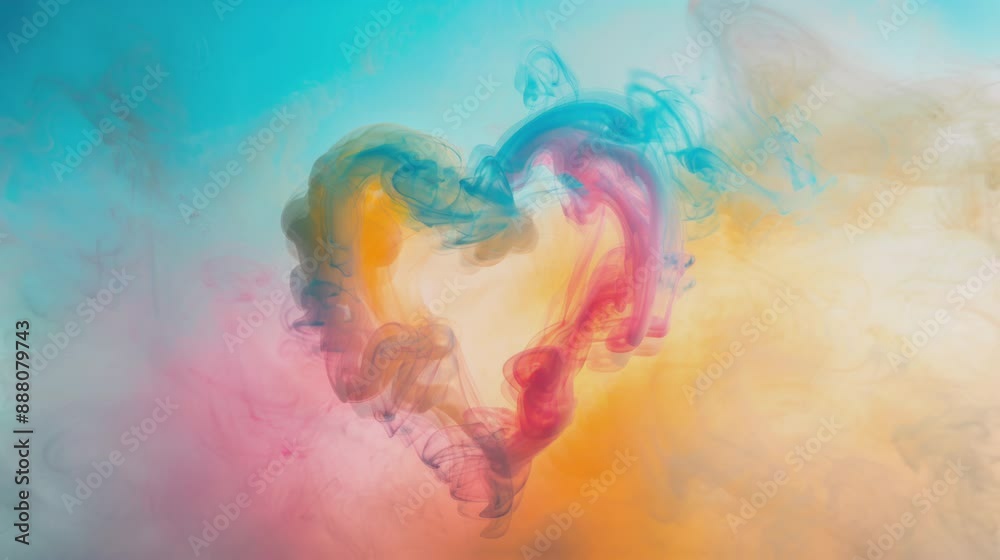 a colorful heart shape made of smoke, with shades of blue, pink, yellow, and orange. Seamless and infinite looping 4K video animation background footage a colorful heart shape made of smoke, with shades of blue, pink, yellow, and orange. Seamless and infinite looping 4K video animation background footage