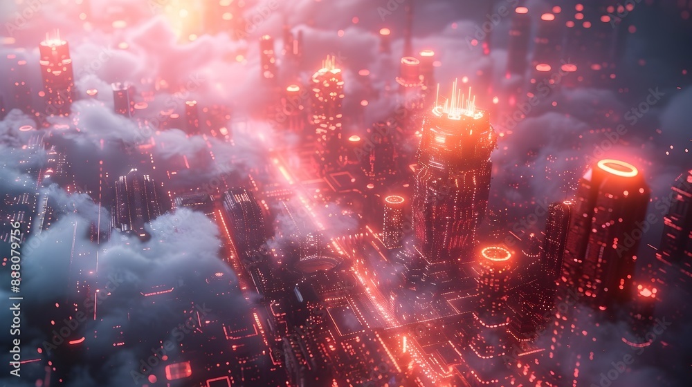 Fototapeta premium Mesmerizing Futuristic Cityscape with Glowing Skyscrapers and Illuminated Skyline at Night