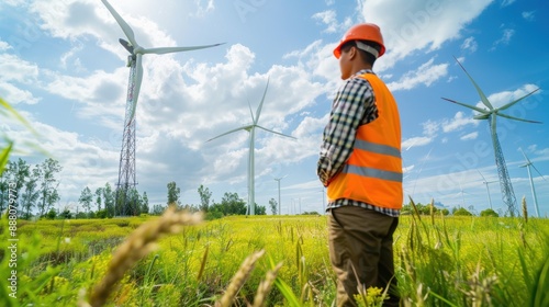 In front of a wind farm, an engineer stands in a field