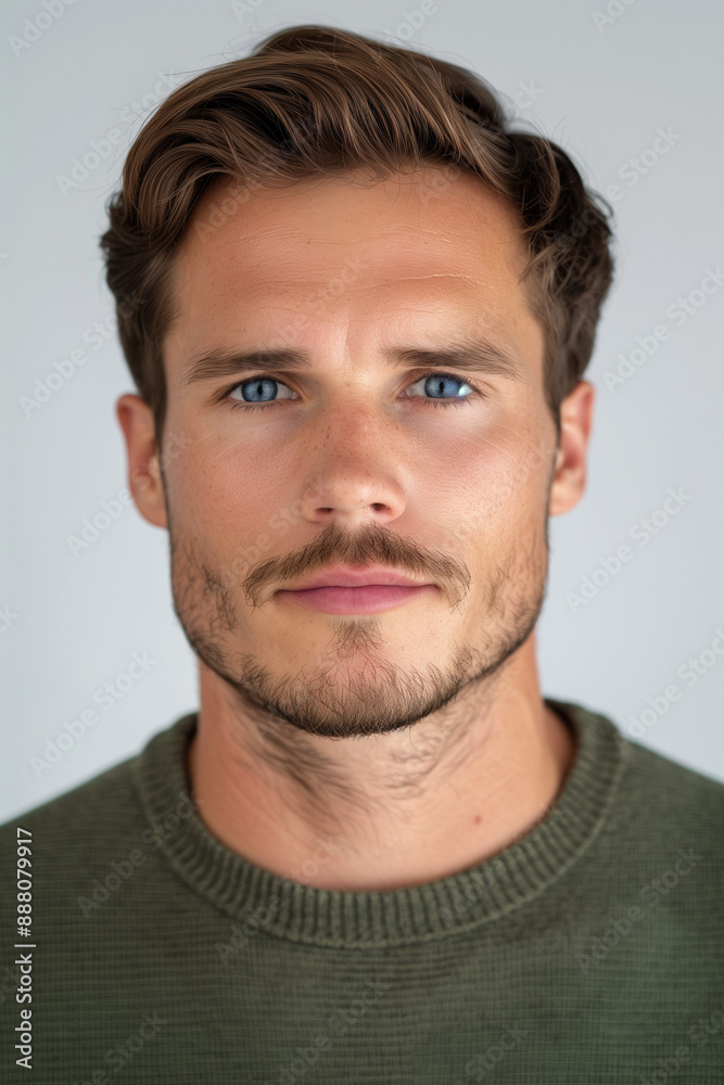 portrait of a man with brown hair and stubble against a white background