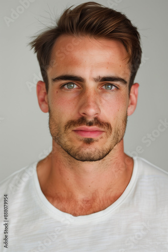 headshot of an attractive man wearing a white t-shirt with a serious look