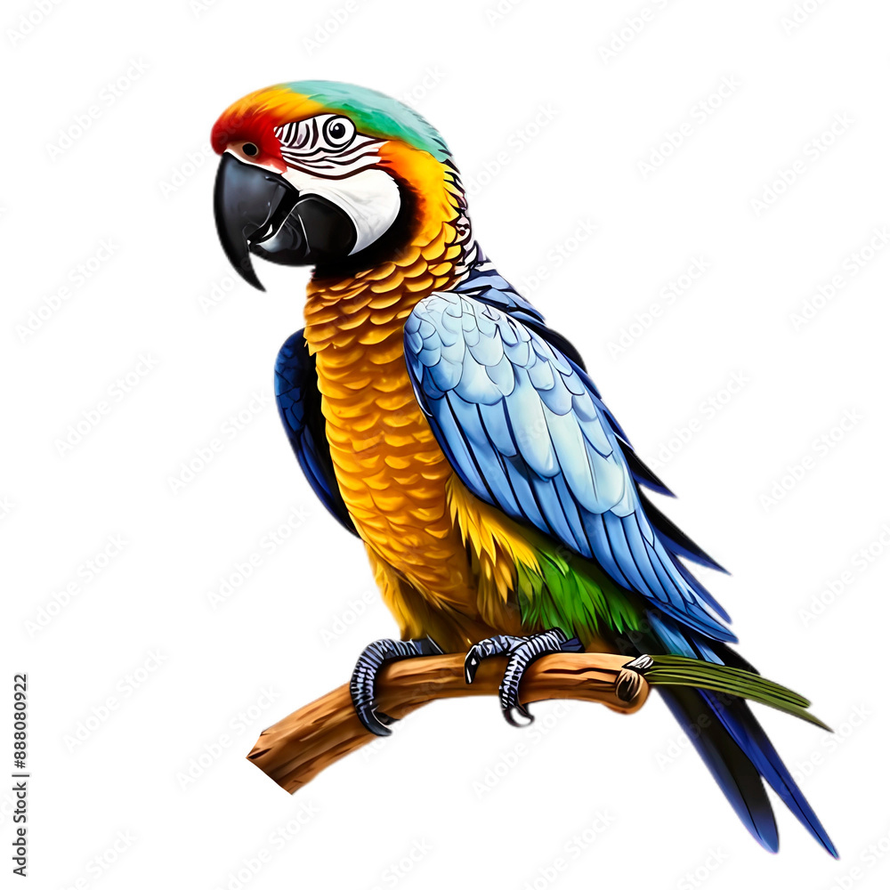 Fototapeta premium Bright parrot on a branch on a transparent background