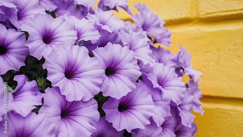 Violet petunia flowers and a yellow wall background