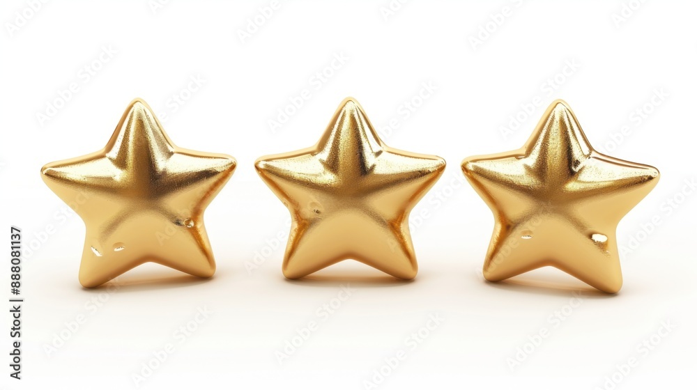 The 3D illustration shows three golden stars on a white background. The 3D illustration shows three golden stars on a white background.