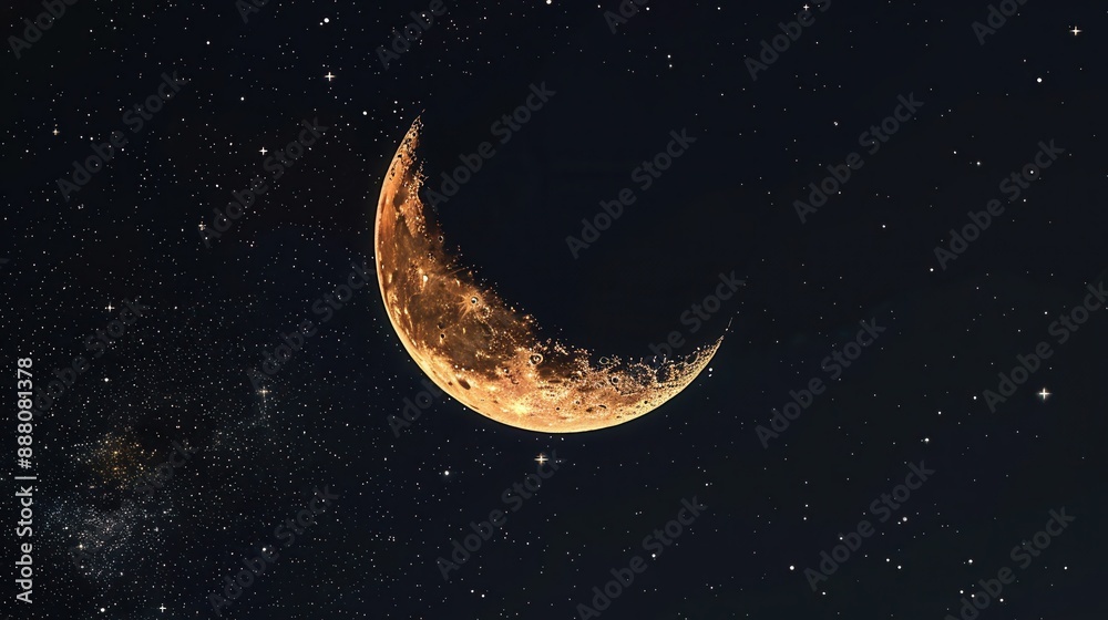This is a detailed crescent moon in the night sky. There is a Ramadan theme with a black background and the crescent moon. This is a detailed crescent moon in the night sky. There is a Ramadan theme with a black background and the crescent moon.