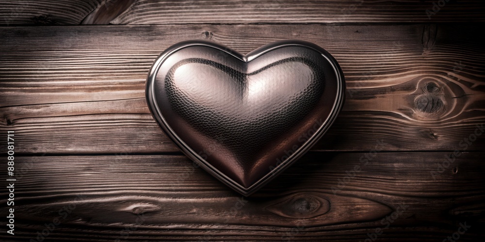 A heart made of metal sits on a wooden surface A heart made of metal sits on a wooden surface