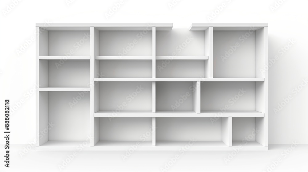 Modern Empty White Shelves on a Plain Background for Display and Decoration Modern Empty White Shelves on a Plain Background for Display and Decoration