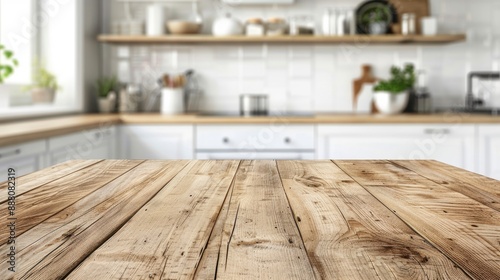 A wooden counter top on a blurry white abstract background is an excellent background for montage or display of your wooden dining table.