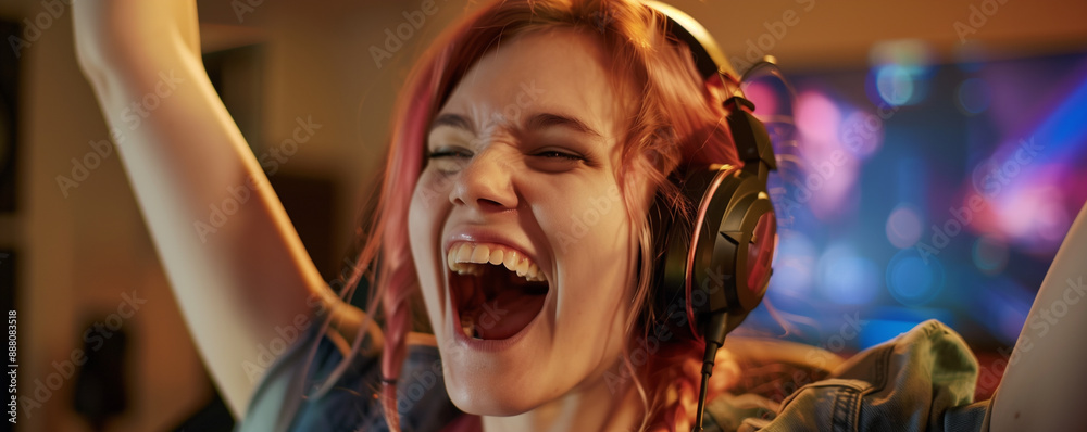 Energetic young woman enjoying music with headphones