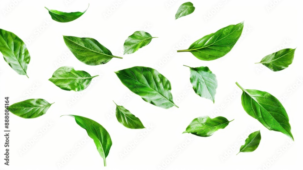 An isolated white background with flying green leaves. An isolated white background with flying green leaves.
