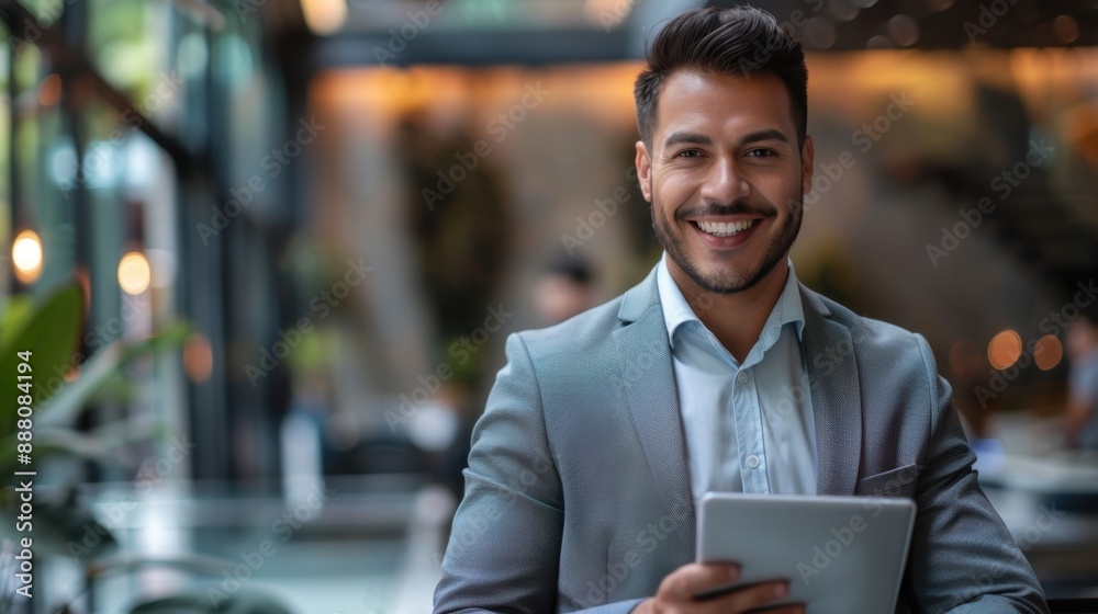 Using a tablet computer, happy latino manager looks at camera holding tab while working in office, smiling.