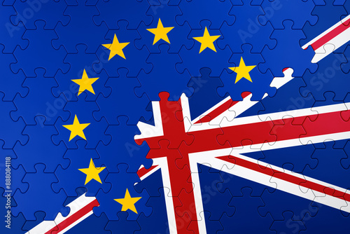 The EU and the UK Flags. Government flags of the European Union and the United Kingdom are formed to composition by pieces of a jigsaw puzzle. 3D rendering graphics on the theme of Public Policy.