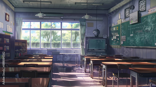 Classroom depicted in anime art.