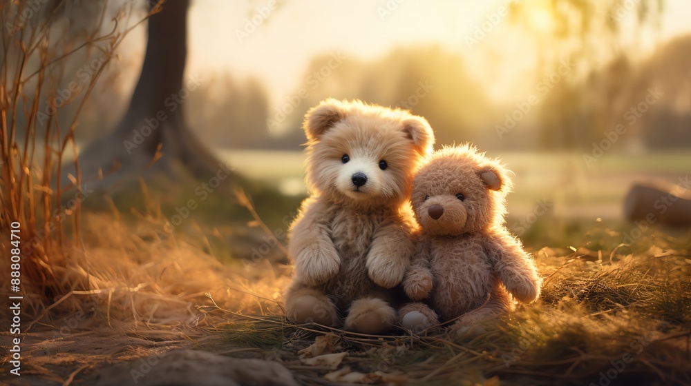 Two adorable teddy bears sitting together in a field of flowers. Two adorable teddy bears sitting together in a field of flowers.