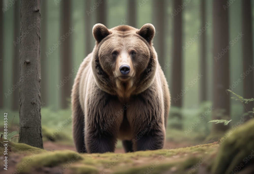 Obraz premium A bear stood in a forest looking at the camera, shallow depth of field