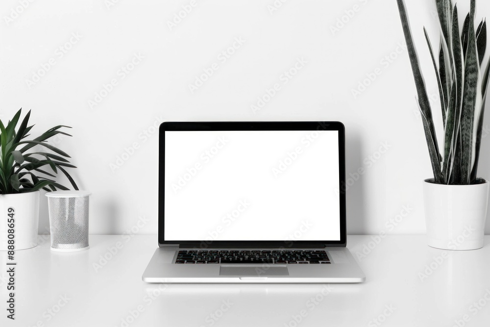 A blank screen laptop perched on a crisp white desk, creating a clean and professional aesthetic. A blank screen laptop perched on a crisp white desk, creating a clean and professional aesthetic.