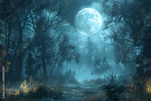 Enchanting Moonlit Forest Path Under a Full Moon