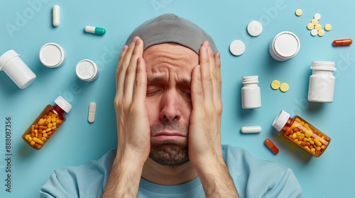 Person surrounded by prescription bottles and sleep aids, frustrated expression, chronic insomnia, sleep disorder
