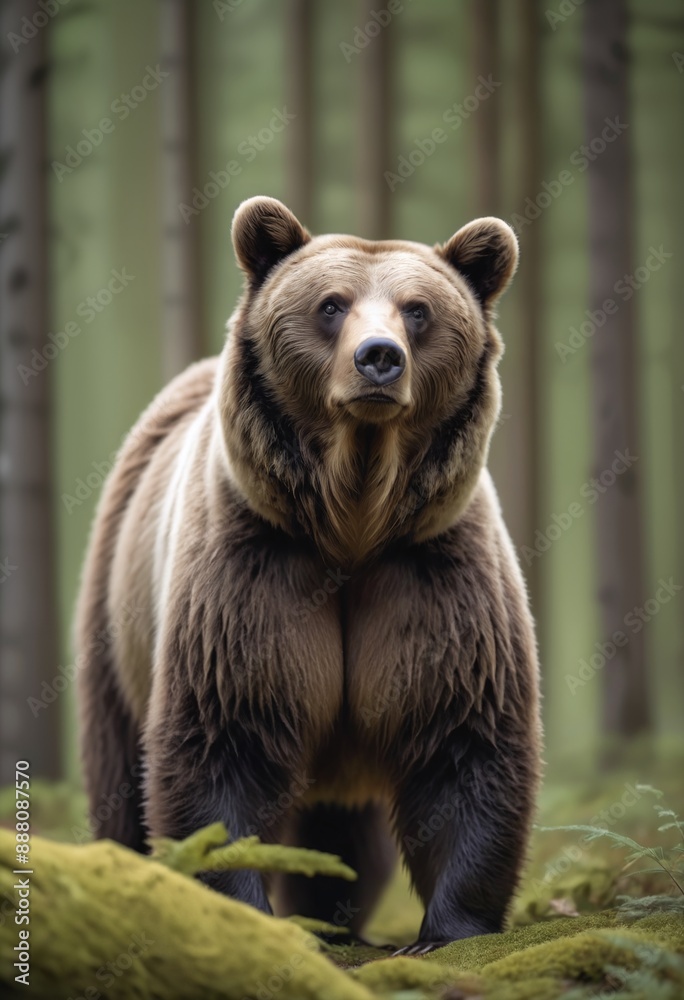 Obraz premium A bear stood in a forest looking at the camera, shallow depth of field