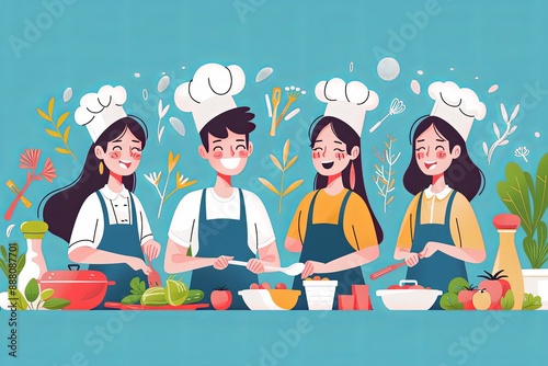 25. Friends taking a cooking class, learning and having fun together, simple vector graphic design, illustration, vibrant and colorful