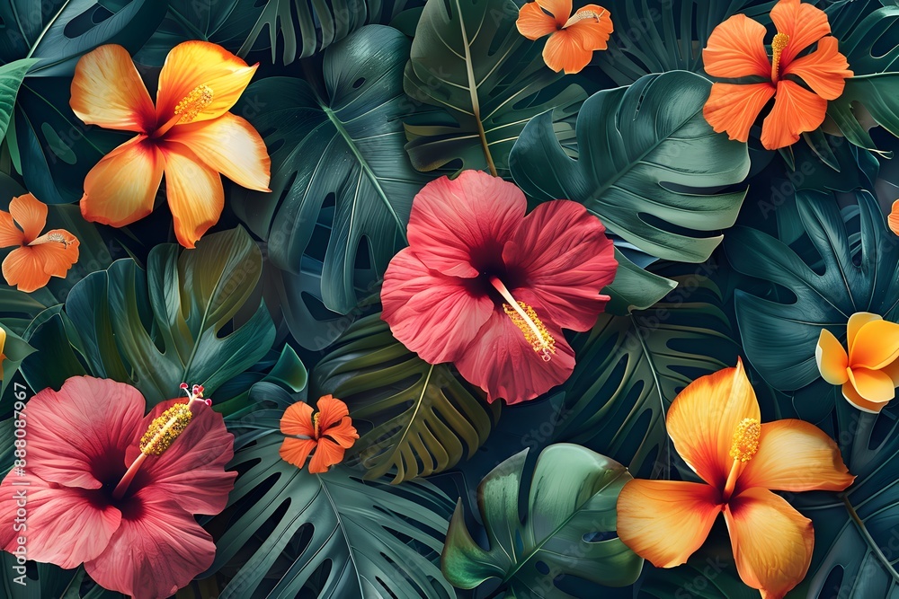 Vibrant Tropical Hibiscus Flowers and Lush Green Leaves Vibrant Tropical Hibiscus Flowers and Lush Green Leaves