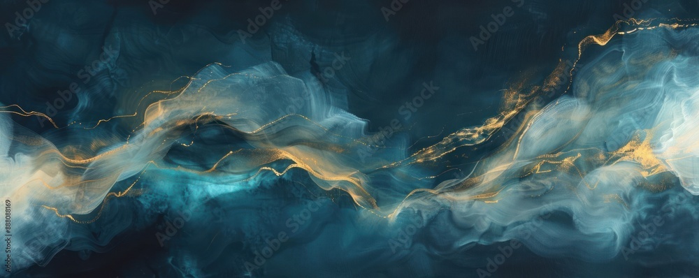 Abstract painting with swirls of teal and gold colors creating a sense of movement and depth Abstract painting with swirls of teal and gold colors creating a sense of movement and depth