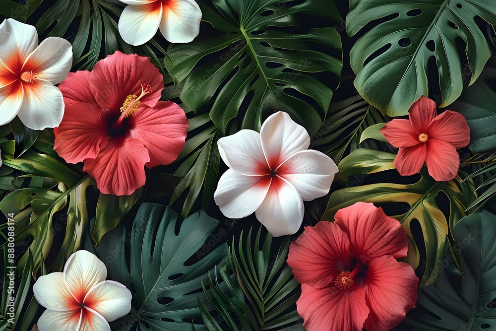 Vibrant Tropical Flowers and Lush Green Leaves Vibrant Tropical Flowers and Lush Green Leaves
