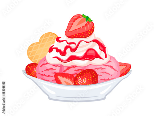 Strawberry Ice Cream Sundae with whipped cream illustration. Ice cream scoop sundae icon on a white background. Ice cream boat sundae drawing. Strawberry sundae with pink icing and wafer