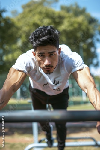 Man exercising with metal bar © Alexandr